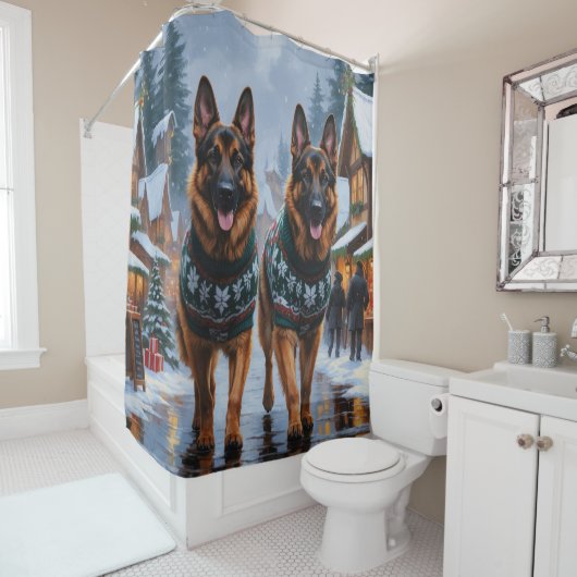 Rideaux De Douche German Shepherd Dogs Christmas Snow Holiday (En situation)
