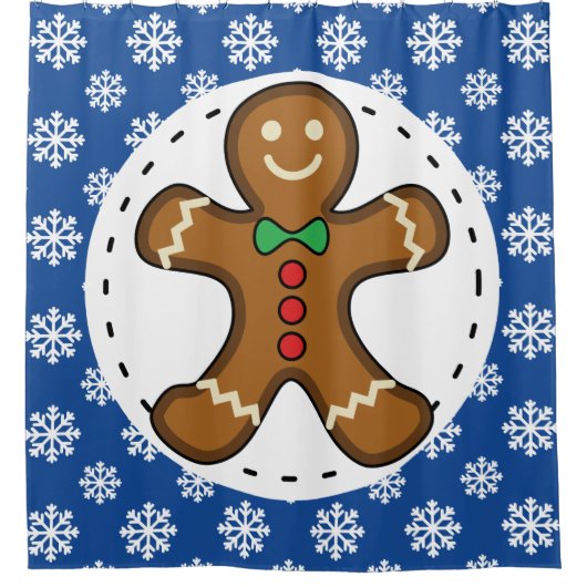 Rideaux De Douche Gingerbread Man on Blue White Snowflakes (Devant)