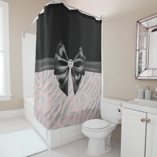 Rideaux De Douche Glam Black Bow Diamond rose Silver Zebra Print (En situation)