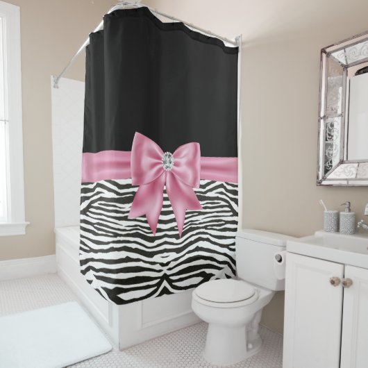 Rideaux De Douche Glam rose Bow Diamond Zebra Print Black (En situation)