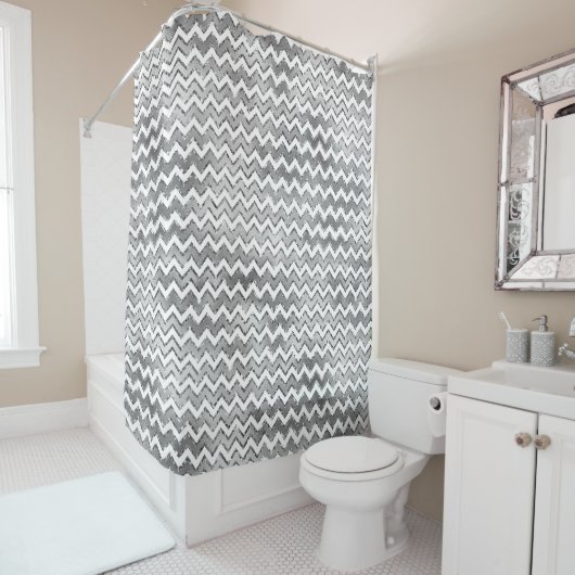 Rideaux De Douche Glam Silver White Zigzag Stripes (En situation)