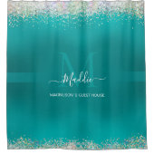Rideaux De Douche Glamme à cristaux arctiques Aqua Monogramme métall (Devant)