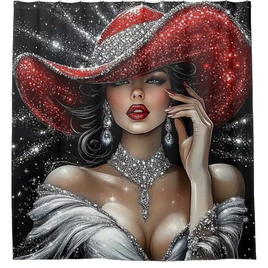 Rideaux De Douche Glamorous Sparkle Lady in Red Hat (Devant)