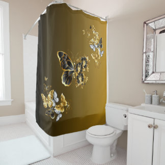 Rideaux De Douche Gold and Black Butterfly Floral Art