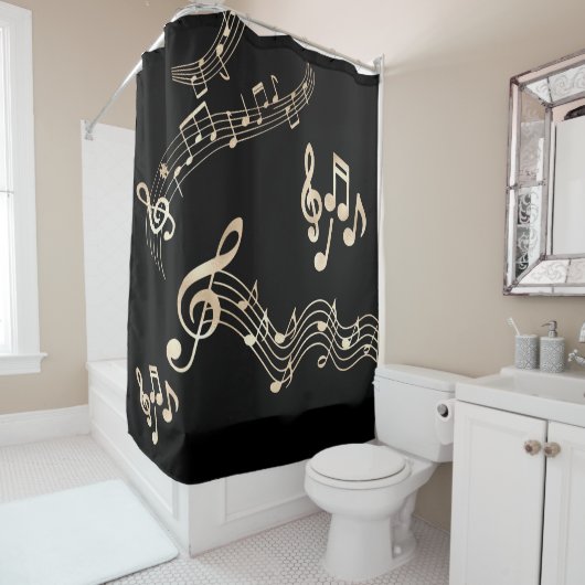 Rideaux De Douche Gold Music Notes sur Black Medium (En situation)