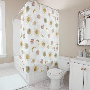 Rideaux De Douche Gold Sun Moon Planètes Space Illustration blanche