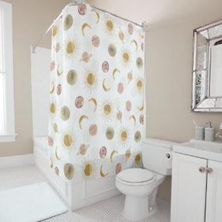 Rideaux De Douche Gold Sun Moon Planètes Space Illustration blanche