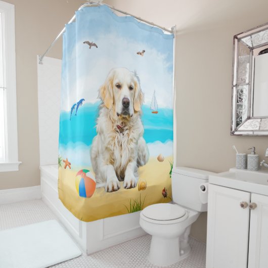 Rideaux De Douche Golden Retriever Dog sur la plage (En situation)