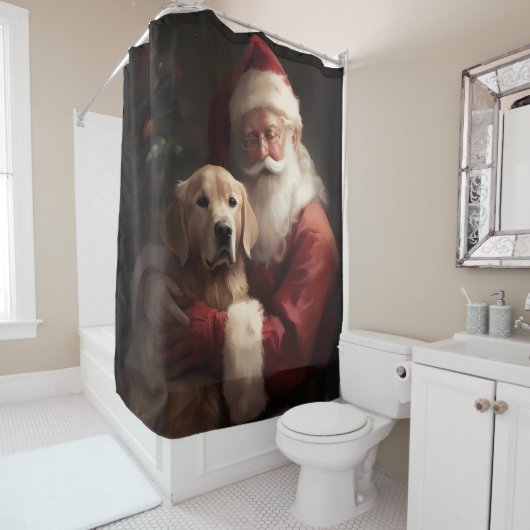 Rideaux De Douche Golden Retriever with Santa Clause Christmas (En situation)