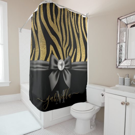 Rideaux De Douche Golden Zebra Print et Bow (En situation)