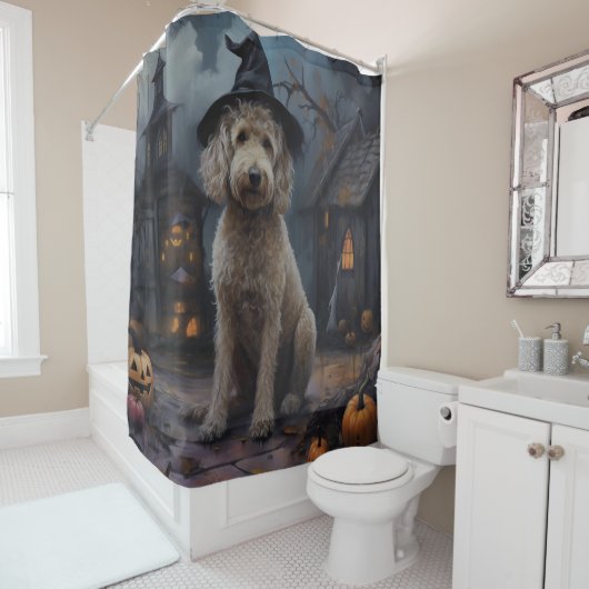 Rideaux De Douche Goldendoodle Citrouille Halloween effrayant (En situation)