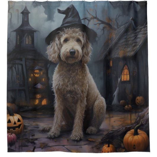 Rideaux De Douche Goldendoodle Citrouille Halloween effrayant (Devant)
