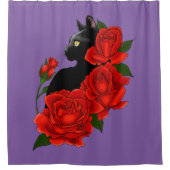 Rideaux De Douche Gothique Chat Noir Roses Rouges Violet (Devant)