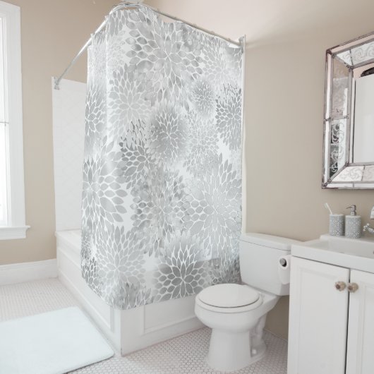 Rideaux De Douche grand motif gris dahlias (En situation)
