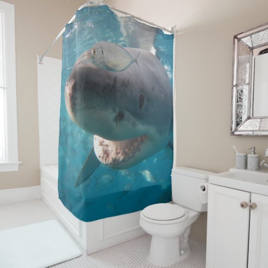 Rideaux De Douche Grand requin blanc sous l'eau gros portrait (En situation)