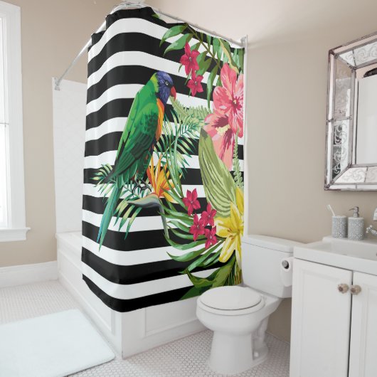 Rideaux De Douche Grandes Et Fleurs Noires Et Blanches Et Parrot (En situation)