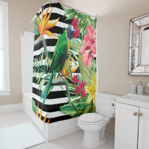 Rideaux De Douche Grandes Et Fleurs Noires Et Blanches Et Parrot