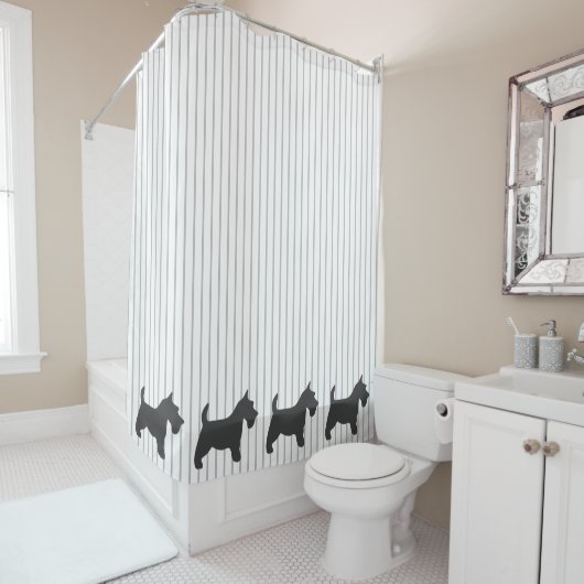 Rideaux De Douche Graphite Terrier sur les rayures grises (En situation)