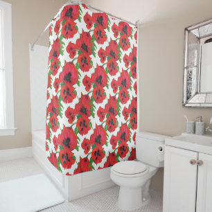 Rideaux De Douche Gras Scarlet Oriental Poppies Motif sur blanc