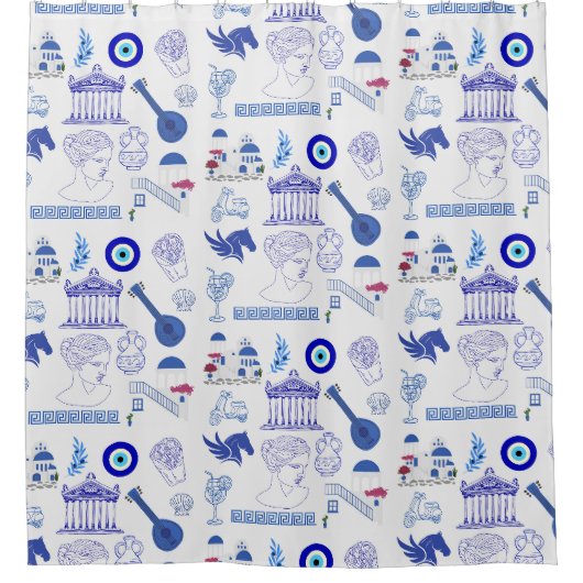 Rideaux De Douche Grèce Bleu et Blanc (Devant)
