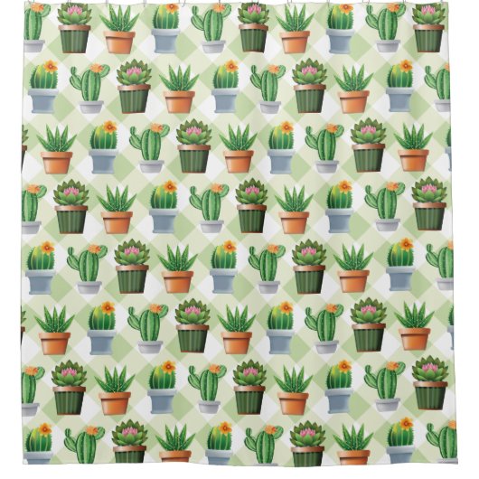 Rideaux De Douche Green Gingham Cactus Pattern (Devant)