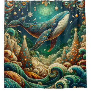 Rideaux De Douche "Green & Gold Elegant Whale Christmas Wonderland"