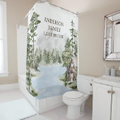 Rideaux De Douche Green Pine Forest Family Lake House Cabine (En situation)