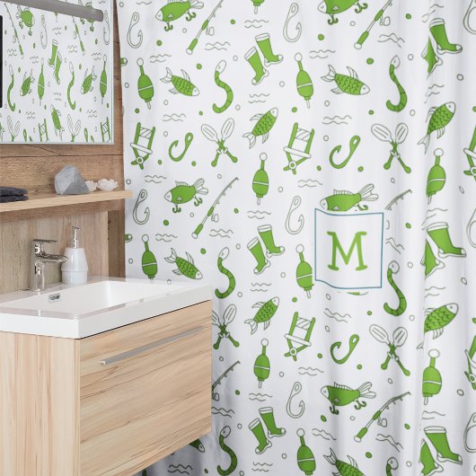 Rideaux De Douche Green White Pêche Motif sans mer Monogramme