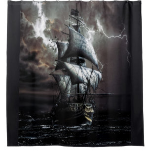 Rideaux De Douche Gris Black Stormy Rainy Lightning Night Pirate