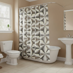 Rideaux De Douche Gris, Brown Et Étoile Crème Géométrique