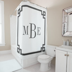 Rideaux De Douche Gris Charbon et Clé Grecque Blanche Monogrammé