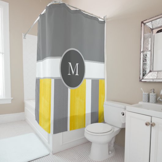 Rideaux De Douche Gris Jaune Gris Blanc Gris Moderne 2 (En situation)