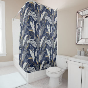 Rideaux De Douche Gris pastel et feuilles de palmier tropicales bleu