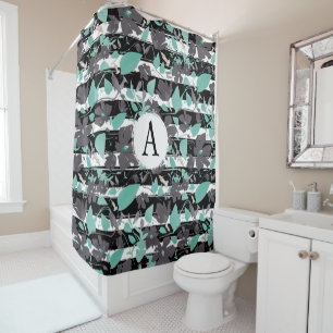Rideaux De Douche Gris Turquoise floral rayure Motif monogramme