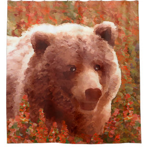Rideaux De Douche Grizzly Bear Cub dans Fireweed Peinture Art de la