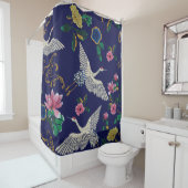 Rideaux De Douche Grues japonaises, vagues et fleurs. Broderie (En situation)