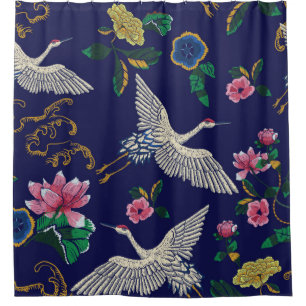 Rideaux De Douche Grues japonaises, vagues et fleurs. Broderie