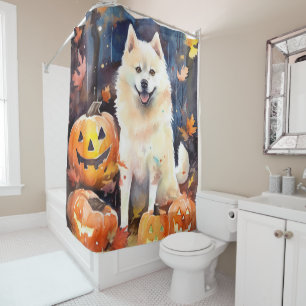 Rideaux De Douche Halloween Akita Américain Avec La Peur Citrouille