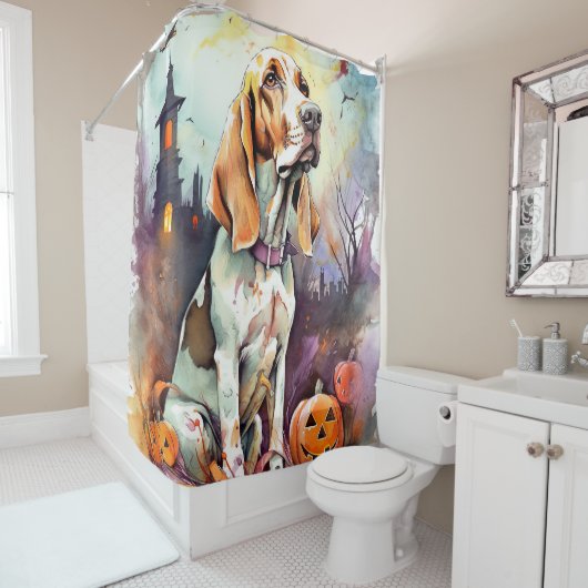Rideaux De Douche Halloween Basset Hound Avec Crainte Citrouille (En situation)