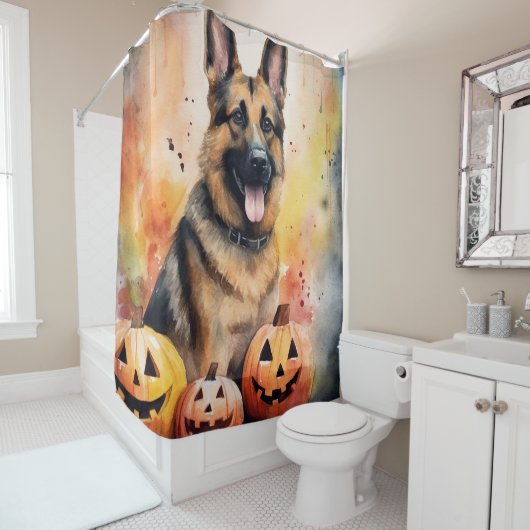 Rideaux De Douche Halloween berger allemand avec la peur Citrouille (En situation)