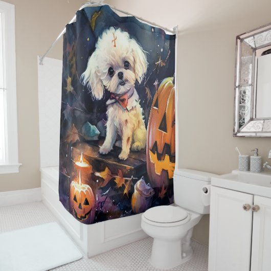 Rideaux De Douche Halloween Bichon Frise Avec La Peur Citrouille (En situation)