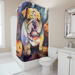Rideaux De Douche Halloween Bulldog avec la peur Citrouille