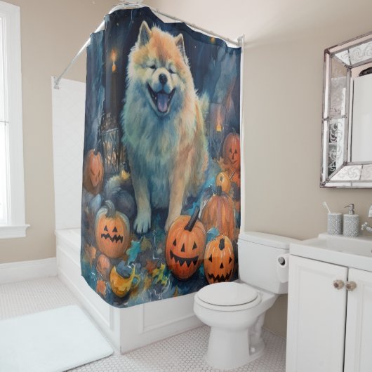 Rideaux De Douche Halloween Chow Chow Avec La Peur Citrouille (En situation)