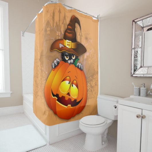 Rideaux De Douche Halloween Cute Kitty Witch et ami Citrouille (En situation)