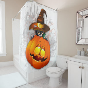 Rideaux De Douche Halloween Cute Kitty Witch et ami Citrouille