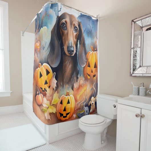 Rideaux De Douche Halloween Dachshund Avec La Peur Citrouille (En situation)