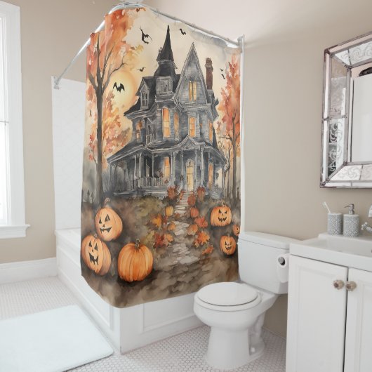 Rideaux De Douche Halloween Éffrayant de la vieille maison d'IA (En situation)