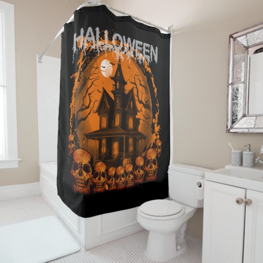 RIDEAUX DE DOUCHE HALLOWEEN EFFRAYANT HAUNTED HOUSE SKULLS (En situation)