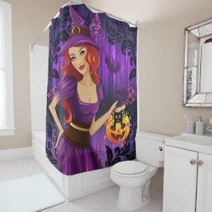 Rideaux De Douche Halloween jolie Éffrayante Whimsical Black sorcièr
