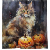 Rideaux De Douche Halloween Maine Coon Chat Avec Crainte Citrouille (Devant)